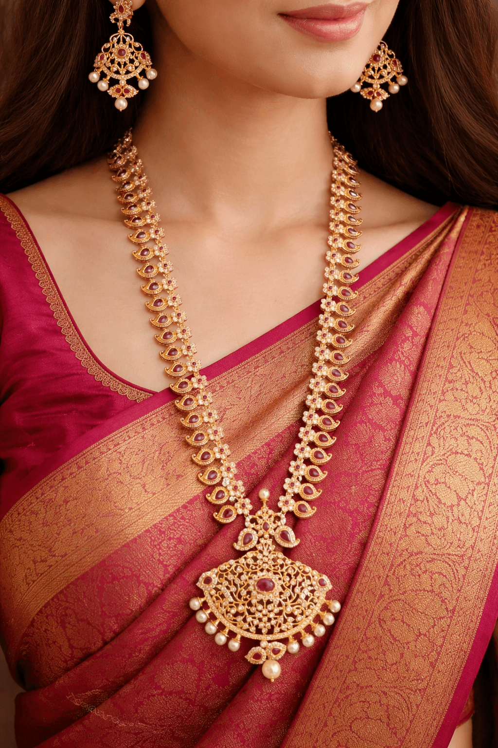 Royal Temple Design Gold-Plated Necklace Set with Jhumkas