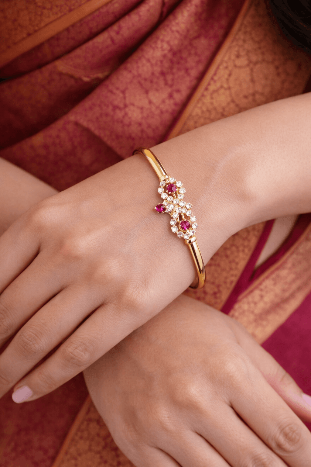 Ruby Cluster Floral Gold-Plated Bracelet Bangle